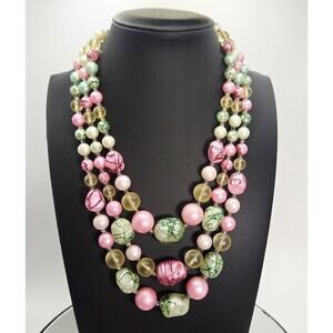 Vintage Japanese Necklace 3 Strands of Frosted Pink & Green Marbled Beads Yellow